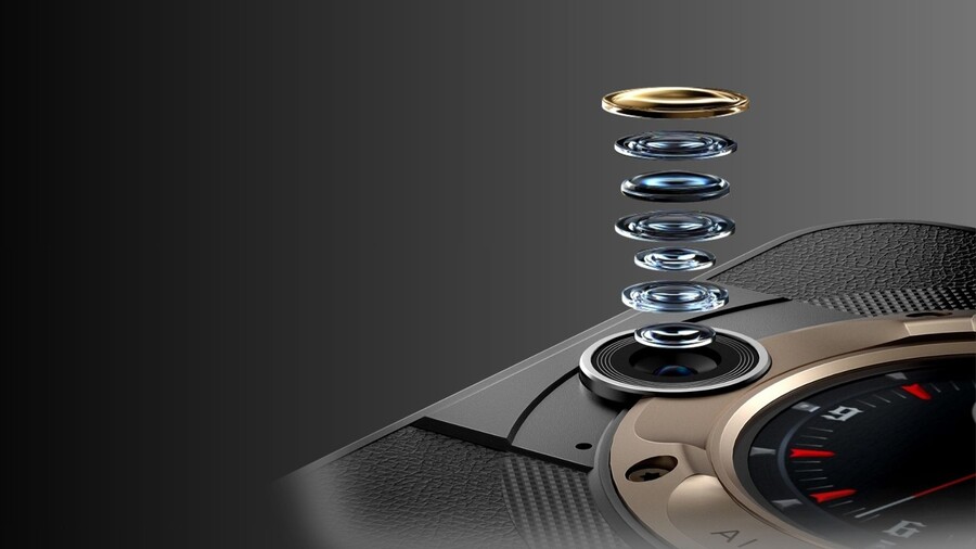 Detailní pohled na zadní stranu Blackview BL9000 Pro s rozloženými optickými prvky fotoaparátu, které se skládají z několika čoček.