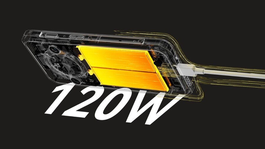 Rentgenovým pohlede na vnitřní stranu telefonu Blackview BL9000 Pro zobrazuje 120W rychlé nabíjení, které je symbolizováno žlutým světlem kolem baterie.