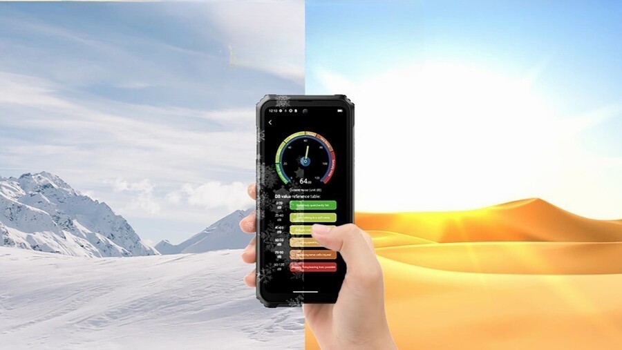 Telefon Blackview BL9000 Pro je zobrazen v ruce mezi dvěma protikladnými prostředími, což symbolizuje jeho odolnost vůči extrémním podmínkám.