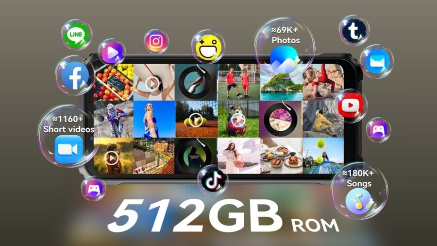 Obrázek demonstruje úložnou kapacitu 512 GB ROM telefonu Blackview BL9000 Pro pomocí bublin s ikonami aplikací a informacemi o tom, kolik fotek, videí a písniček se do něj vejde.