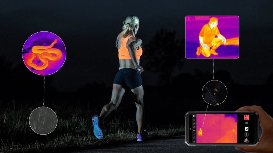 Obrázek zobrazuje, jak termokamera FLIR v telefonu Blackview BL9000 Pro pomáhá běžkyni v noci odhalit skryté objekty, tím, že je na displeji telefonu vizualizuje ve formě tepelného obrazu.