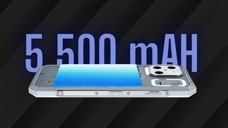 Obrázek graficky znázorňuje baterii telefonu Doogee Blade GT Ultra s kapacitou 5 500 mAh, která je vidět uvnitř zařízení.
