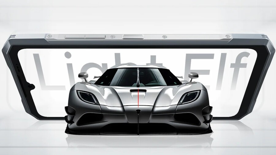 Displej telefonu Doogee Blade GT Ultra, který je graficky znázorněn jako transparentní plocha, přes niž je vidět sportovní auto, což má symbolizovat jas a jeho vysoké rozlišení.