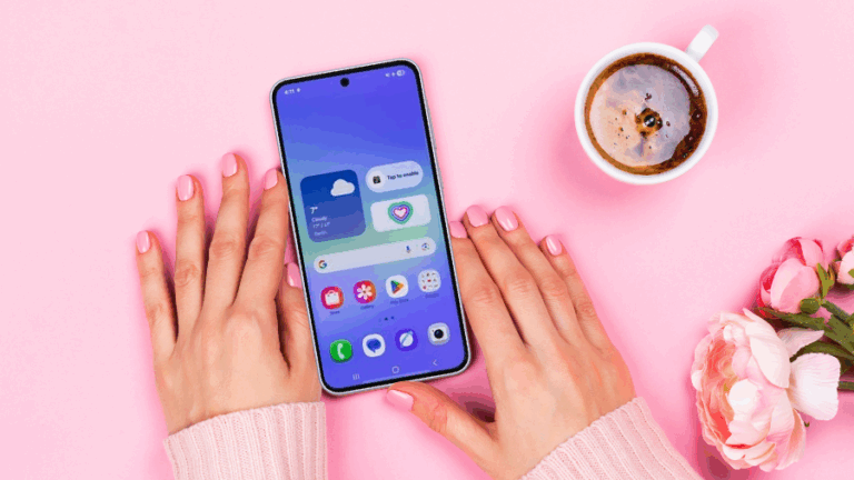 Samsung Galaxy A36 5G položený vedle ranní kávy na růžovém stole