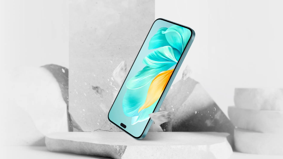 HONOR 200 Lite se štíhlým rámečkem a displejem s ochranou proti pádu, padající mezi kameny.