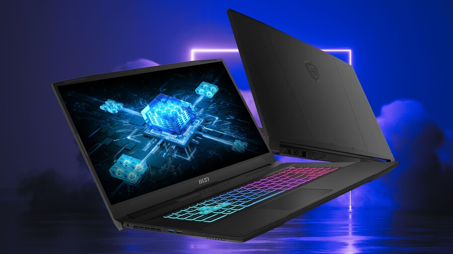 Herní notebook MSI Katana 17 s rozsvícenou čtyřzónovou RGB klávesnicí a otevřeným displejem v herním prostředí s neonovým podsvícením.