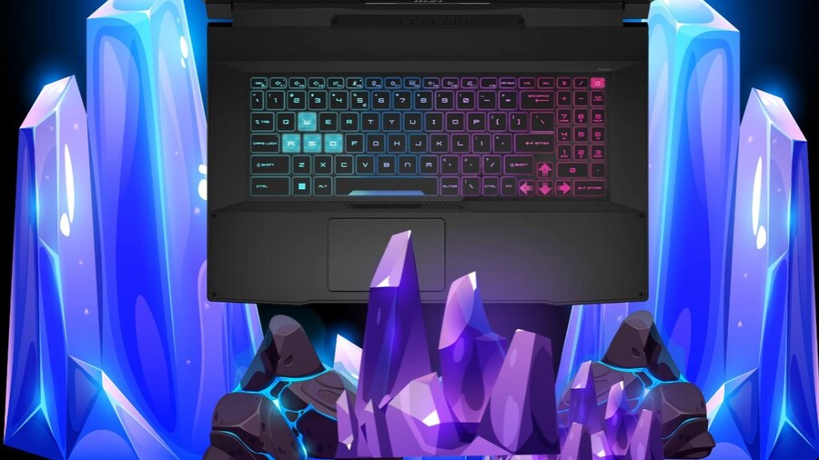 Detailní pohled shora na herní klávesnici notebooku MSI Katana 17 B13V s rozsvíceným čtyřzónovým RGB podsvícením a zvýrazněnými klávesami WASD.