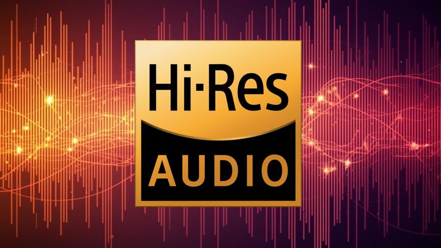 Logo Hi-Res Audio (High-Resolution Audio) na zlatém pozadí s vizualizací zvukových vln. Symbolizuje podporu notebooku MSI Katana pro zvuk ve vysoké kvalitě při použití sluchátek.
