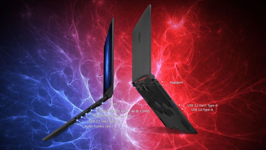 Přehled portů notebooku MSI Katana, zobrazený z levého a pravého boku. Na levé straně je LAN (RJ45), HDMI, USB-C (s DisplayPortem), USB-A a audio jack. Na pravé straně jsou dva USB-A porty a napájení.