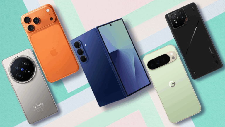 Nejlepší mobily současnosti – Vivo X200 Pro, iPhone 17 Pro Max, Samsung Galaxy Z Fold7, Google Pixel 10 Pro XL a ASUS ROG Phone 9 Pro – položeno na barevném podkladu.