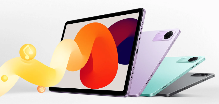 Tři barevné varianty tabletu Xiaomi Redmi Pad SE: šedá, fialová a zelená.