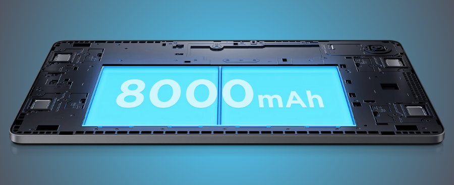 Tablet Xiaomi Redmi Pad SE s odkrytou spodní částí a vyznačenou kapacitou baterie 8000 mAh.