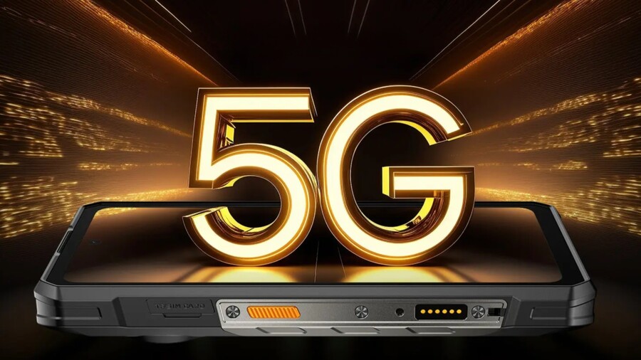 Obrázek graficky znázorňuje robustní telefon Ulefone Armor 30 Pro a velký svítící nápis 5G, čímž zdůrazňuje, že zařízení podporuje rychlé mobilní sítě.