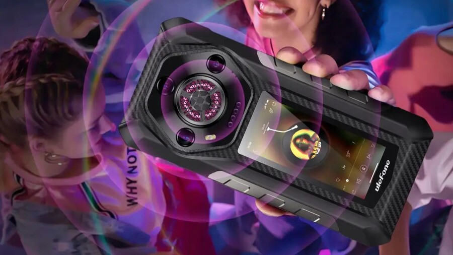 V centru pozornosti je zadní část Ulefone Armor 30 Pro, kde je kromě fotoaparátů vidět i velký kulatý reproduktor.