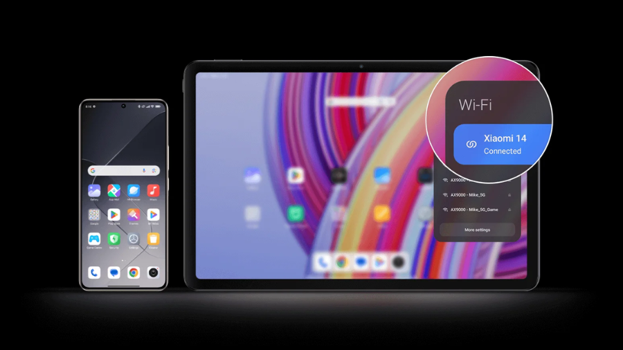 Snímek obrazovky, který ukazuje propojení tabletu a smartphonu Xiaomi, s vyskakovacím oknem oznamujícím připojení Wi-Fi.