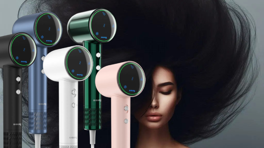 Fény Siguro HR-I551E Forest s ostatními barevnými variantami: Snow, Candy, Twilight a Ocean. V pozadí je žena s černými rozlítanými vlasy.