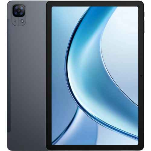 Přední a zadní pohled na šedý tablet Doogee E3. Na zadní straně je v levém horním rohu vidět modul s hlavním fotoaparátem a nápisem "AI".