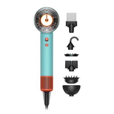 Dyson Supersonic Nural v mintovo-oranžovém provedení s pěti nástavci.