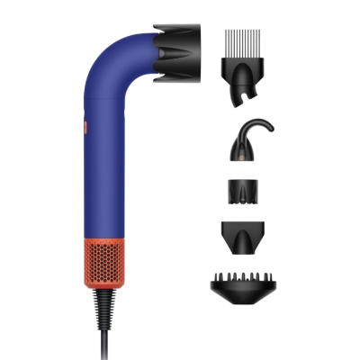 Dyson Supersonic r v modro-oranžovém provedení s pěti nástavci.