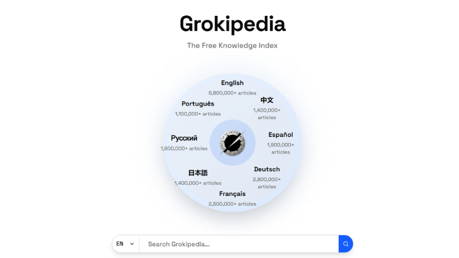Domovská stránka projektu Grokipedia na oficiálním webu.