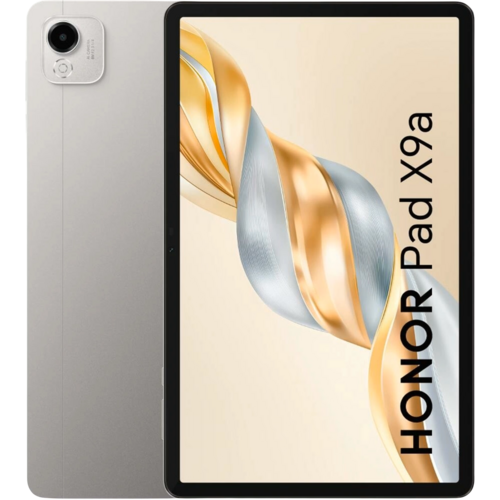 Tablet Honor Pad X9a v šedé barvě s obrázkem na displeji, který připomíná abstraktní zvlněné linie ve zlaté barvě.