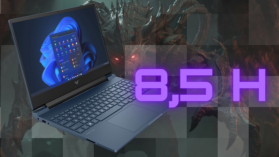 Otevřený notebook HP Victus 15 v modré barvě, s vyobrazeným operačním systémem Windows 11. Přes obrázek je ve fialové barvě zvýrazněna výdrž baterie 8,5 hodiny.