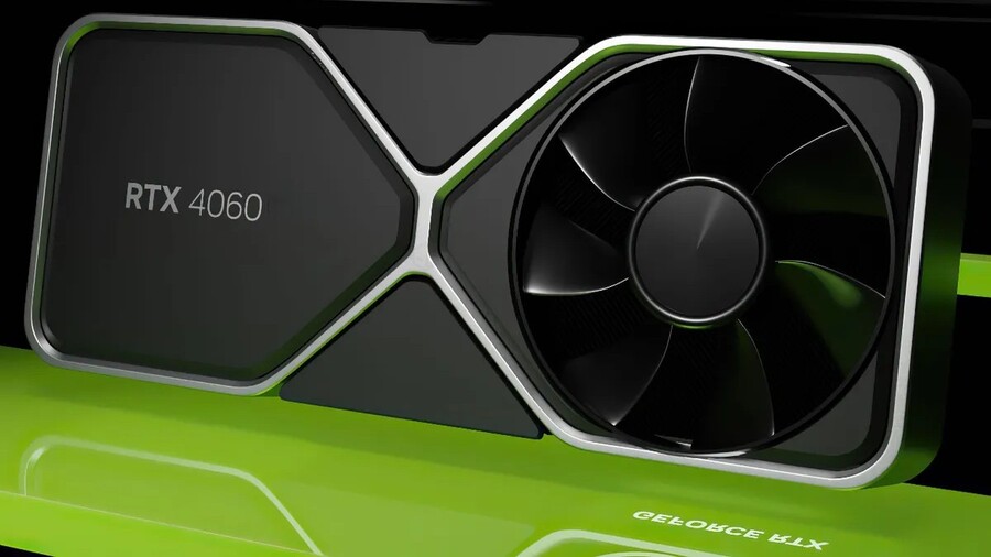 Zblízka vyfocená grafická karta NVIDIA GeForce RTX 4060 s viditelným ventilátorem a označením, která je uvnitř herního notebooku HP Victus 15.