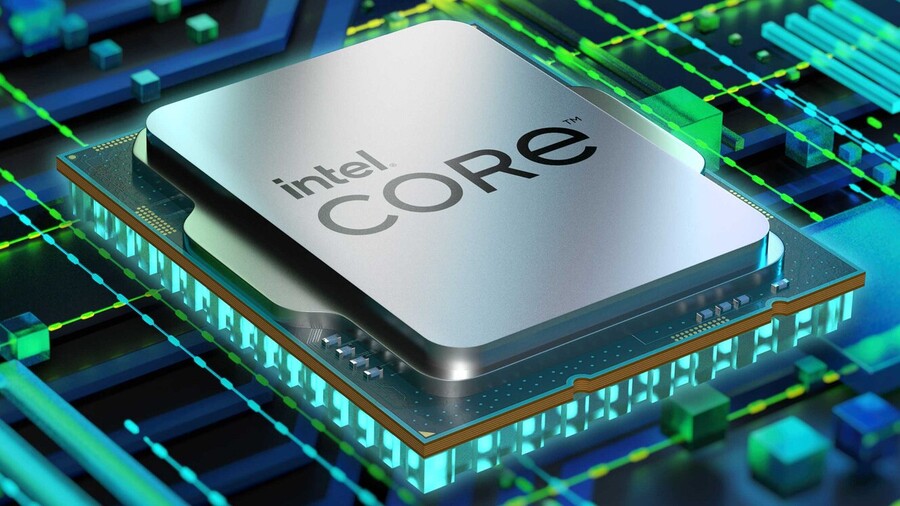 Detailní pohled na procesor Intel Core umístěný na základní desce, obklopený zářícími obvody, který pohání notebook HP Victus 15.