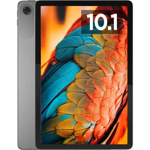 Tablet Lenovo TAB 10 v šedé barvě, zobrazený zepředu i zezadu. Na displeji je detailní, barevná fotografie peří papouška.