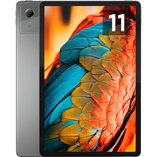 Tablet Lenovo Tab 11 (s nápisem "11" na displeji) v šedé barvě, zobrazený zepředu i zezadu.