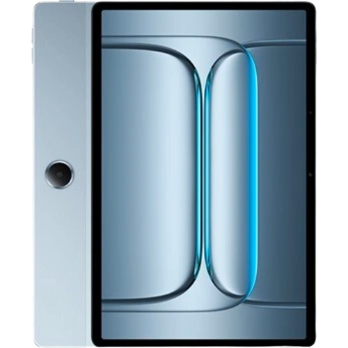 Tablet OnePlus Pad Lite v modré barvě je zobrazen zepředu s futuristickou modro-stříbrnou tapetou na displeji a zezadu s centrálním kruhovým modulem fotoaparátu.