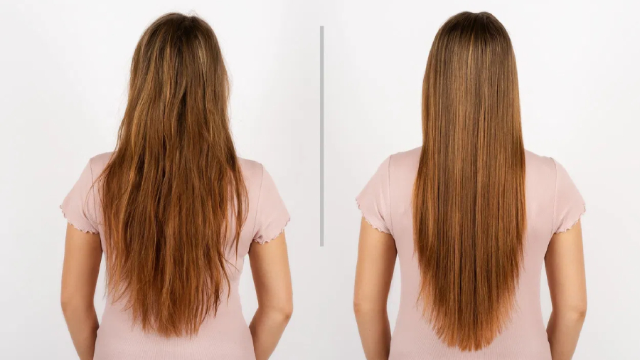 Žena s dlouhými vlasy a ukázka před a po vysušené fénem Siguro HR-I551E Forest Flow Premium.