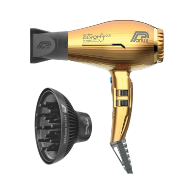 Parlux Alyon Ceramic & Ionic Gold ve zlaté barvě s nasazeným koncentrátorem a difuzérem vedle něj.