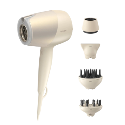 Philips Series 9000 SenseIQ BHD829/00 v krémovém provedení a čtyřmi nástavci.