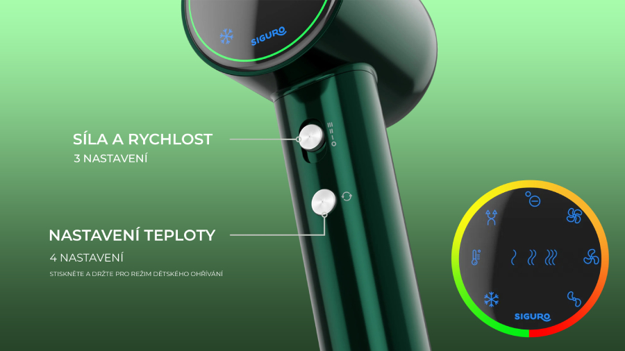 Na obrázku se nachází detail tlačítek a displeje Siguro HR-I551E Forest Flow Premium na zeleném pozadí.