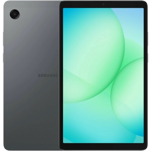 Tablet Samsung Galaxy Tab A11 v šedé barvě je zobrazen zepředu i zezadu, přičemž na displeji má abstraktní tapetu se světle zelenými bublinami na modrém pozadí.