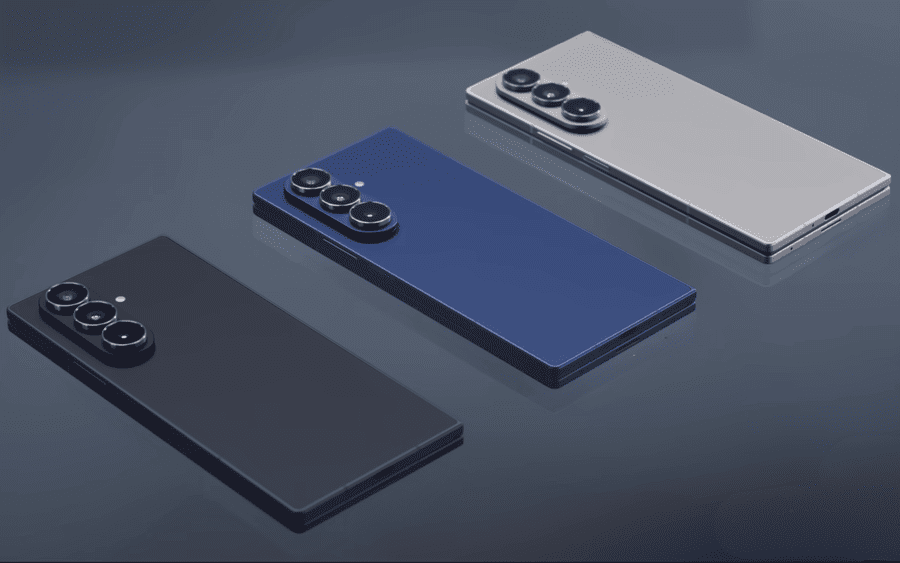 Tři barevné varianty telefonu Samsung Galaxy Z Fold7 a pohled na zadní část zařízení.