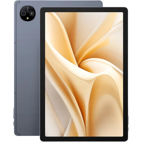 Tablet Ulefone Tab A11 v šedé barvě je zobrazen zepředu i zezadu, s abstraktní krémovo-béžovou tapetou na displeji a výrazným kruhovým modulem fotoaparátu na zadní straně.