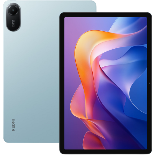 Tablet Xiaomi Redmi Pad 2 v modré barvě je zobrazen zepředu i zezadu, s abstraktní tapetou na displeji a výrazným modulem fotoaparátu na zadní straně.