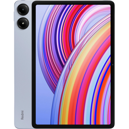 Tablet Xiaomi Redmi Pad Pro v modré barvě je zobrazen zepředu i zezadu, s kruhovou abstraktní tapetou na displeji a výrazným duálním fotoaparátem na zadní straně.