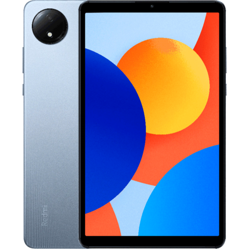 Tablet Xiaomi Redmi Pad SE v modré barvě je zobrazen zepředu i zezadu, přičemž displej má abstraktní tapetu s barevnými kruhy a zadní strana má výrazný kruhový modul fotoaparátu.