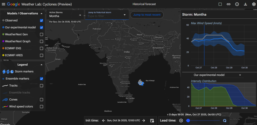 Google AI - analýza tropických bouří, znázorněná v aplikaci Google Weather Lab: Cyclones.