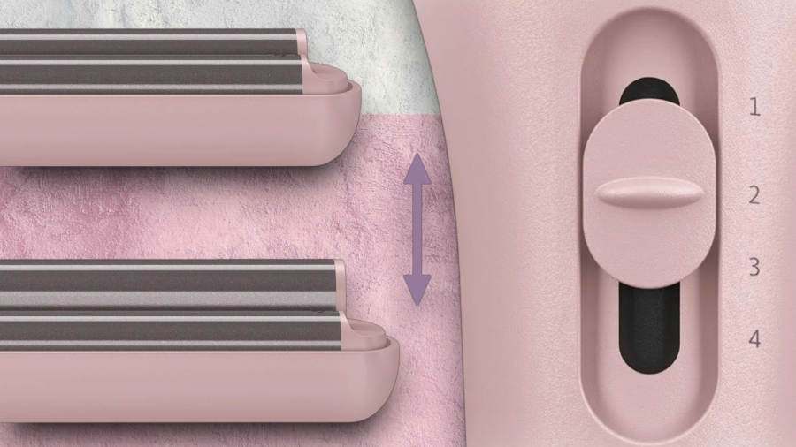 Detail na mechanismus TrueLife HairWaver W6, který zvětšuje a nebo naopak zmenšuje plochy, podle velikosti vlny a také detail na přepínač, který délky nastavuje.