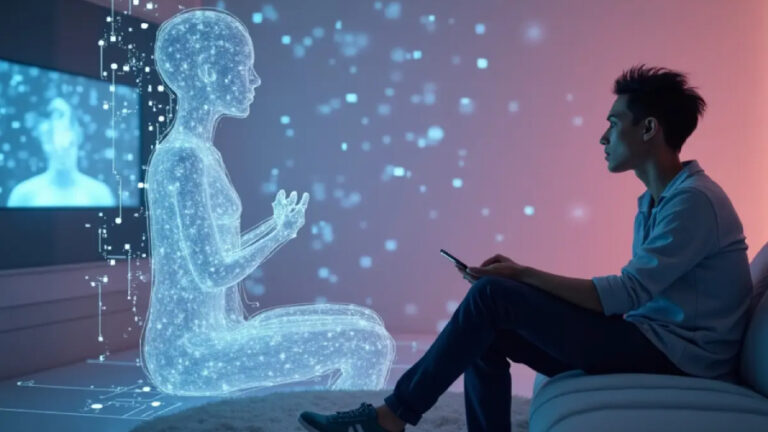 Muž sedící na gauči a naproti němu sedí hologram, se kterým mluví v rámci AI terapie.