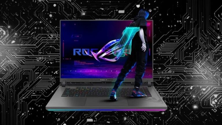 Herní notebook ASUS ROG Strix G16 s otevřeným displejem, na kterém je zobrazeno velké podsvícené logo ROG STRIX. Na klávesnici notebooku stojí futuristická postava s modrými vlasy, zatímco celé pozadí tvoří složitý obvod s bílými linkami na černé ploše.