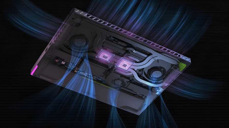 Pohled na vnitřní chladicí systém herního notebooku ASUS ROG Strix G16. Je vidět detail chladicích trubek, ventilátorů a dvou hlavních čipů, s digitální vizualizací proudění vzduchu ve fialové a modré barvě.