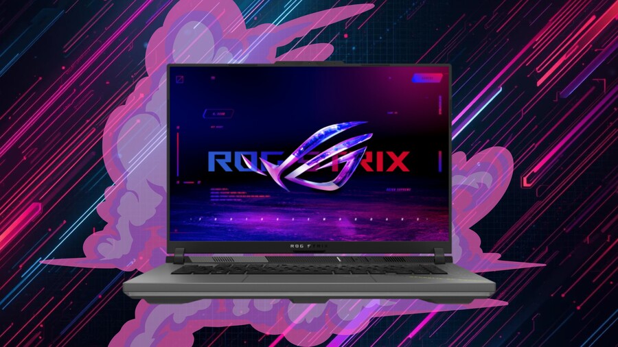 Herní notebook ASUS ROG Strix G16 s otevřeným displejem, na kterém je zobrazeno velké podsvícené logo ROG STRIX. Notebook je umístěn na stylizovaném pozadí s růžovým kouřem a digitálními světelnými linkami.