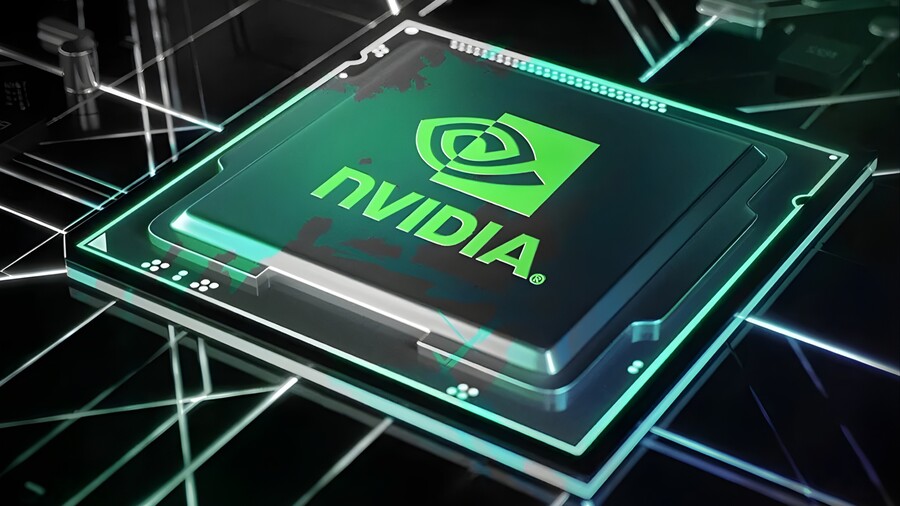 Detailní záběr na mikročip s velkým, zářivě zeleným logem a nápisem NVIDIA uprostřed, usazený na základní desce, což symbolizuje grafickou kartu v herním notebooku ASUS ROG Strix G16.