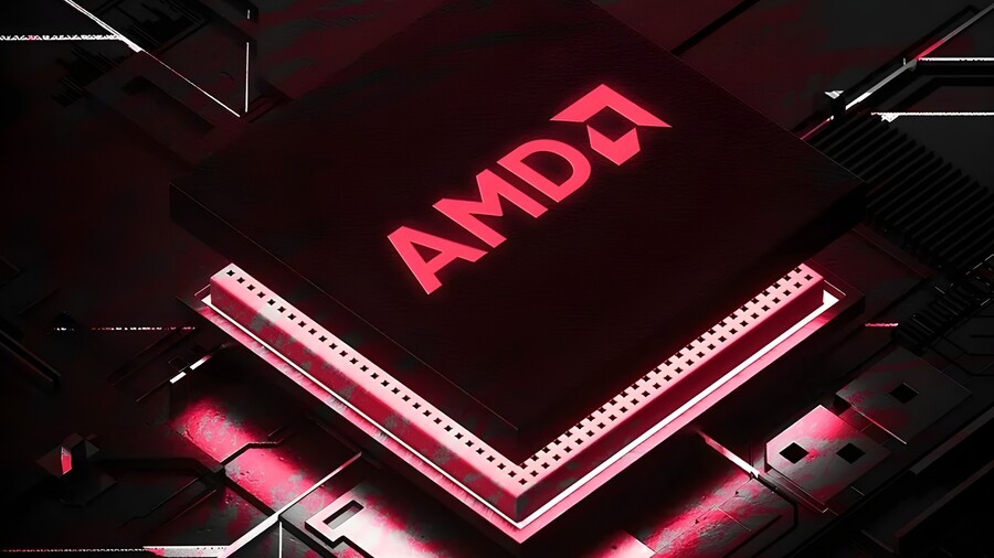 Detailní záběr na mikročip s velkým, zářivě červeným logem a nápisem AMD uprostřed, usazený na patici s futuristickým černým a červeným podsvícením, což symbolizuje procesor v ASUS ROG Strix G16.