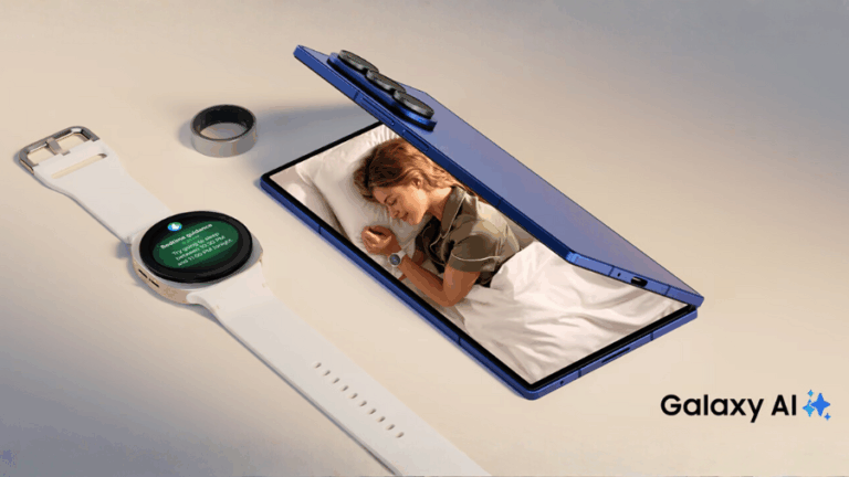 Samsung Galaxy Z Fold7 vedle hodinek Galaxy Watch8 a prstýnku Galaxy Ring, znázorňující ekosystém Galaxy AI.